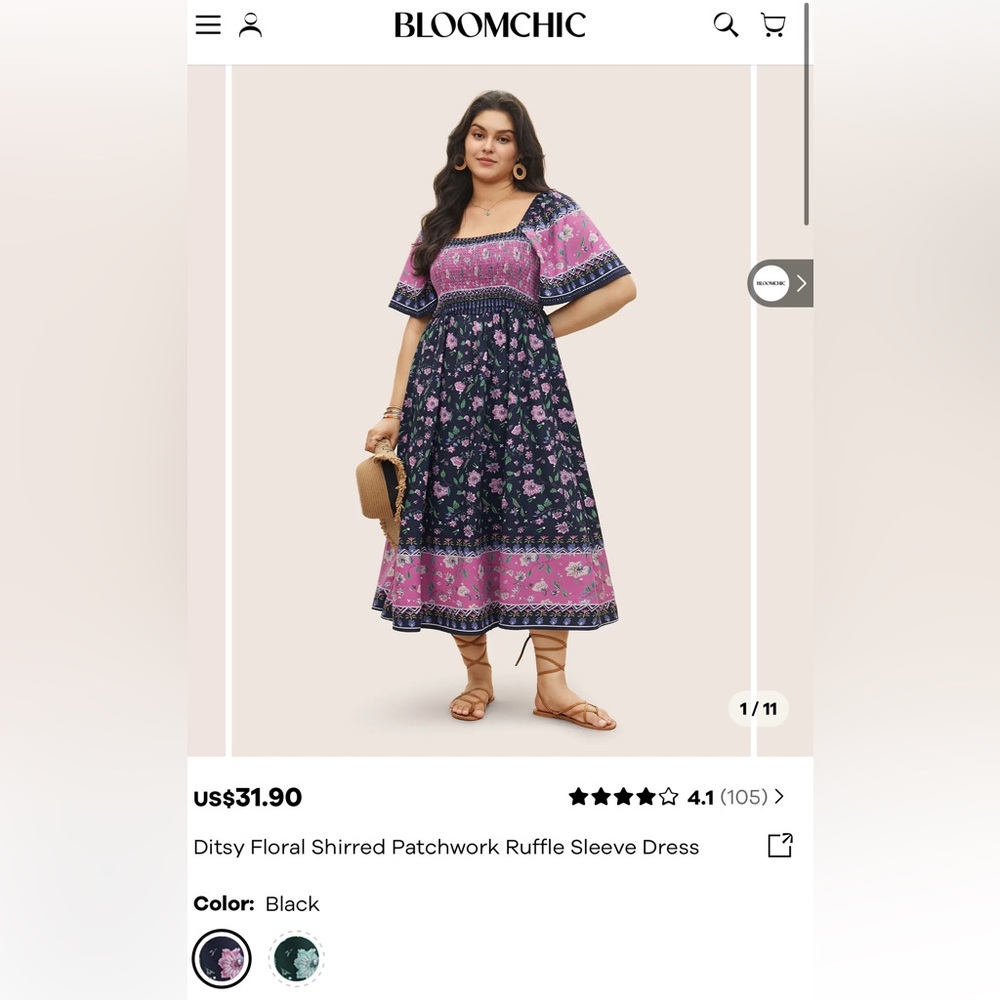 BloomChic Ditsy Floral Shirred Patchwork Ruffle Sleeve Dress